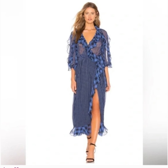 Tularosa blue and black, long sleeve gingham wrapped dress - Picture 1 of 10